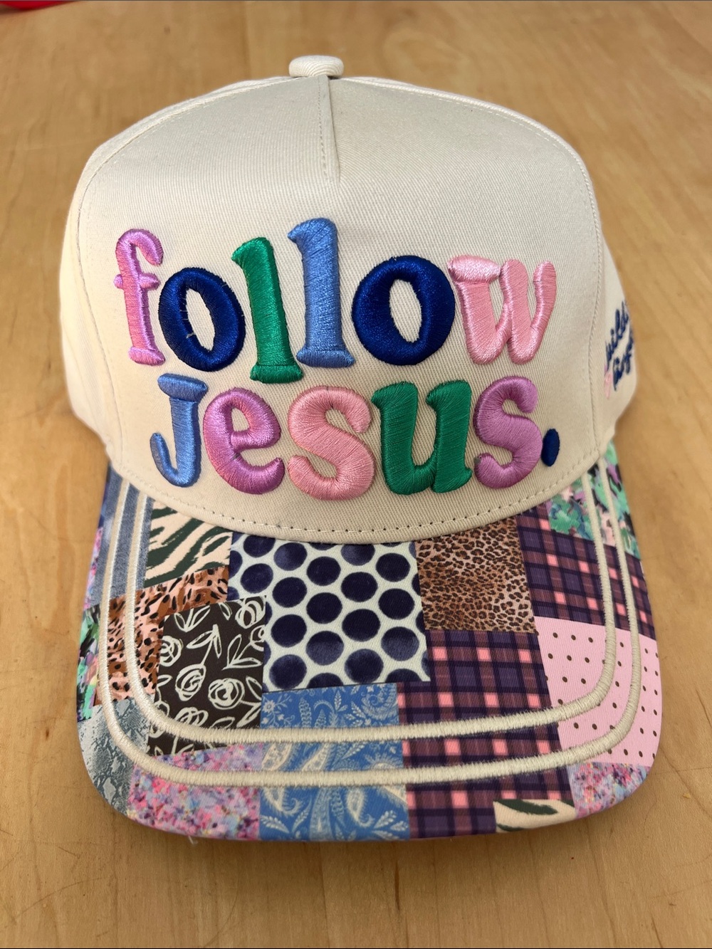Cream Patchwork Brim Baseball Hat with Multicolor Embroidery